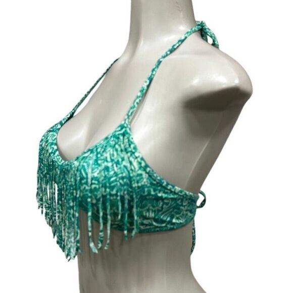 LA Hearts Swim Bikini Top Women's Large Green Abstract Halter Fringe Wireless - Picture 5 of 9